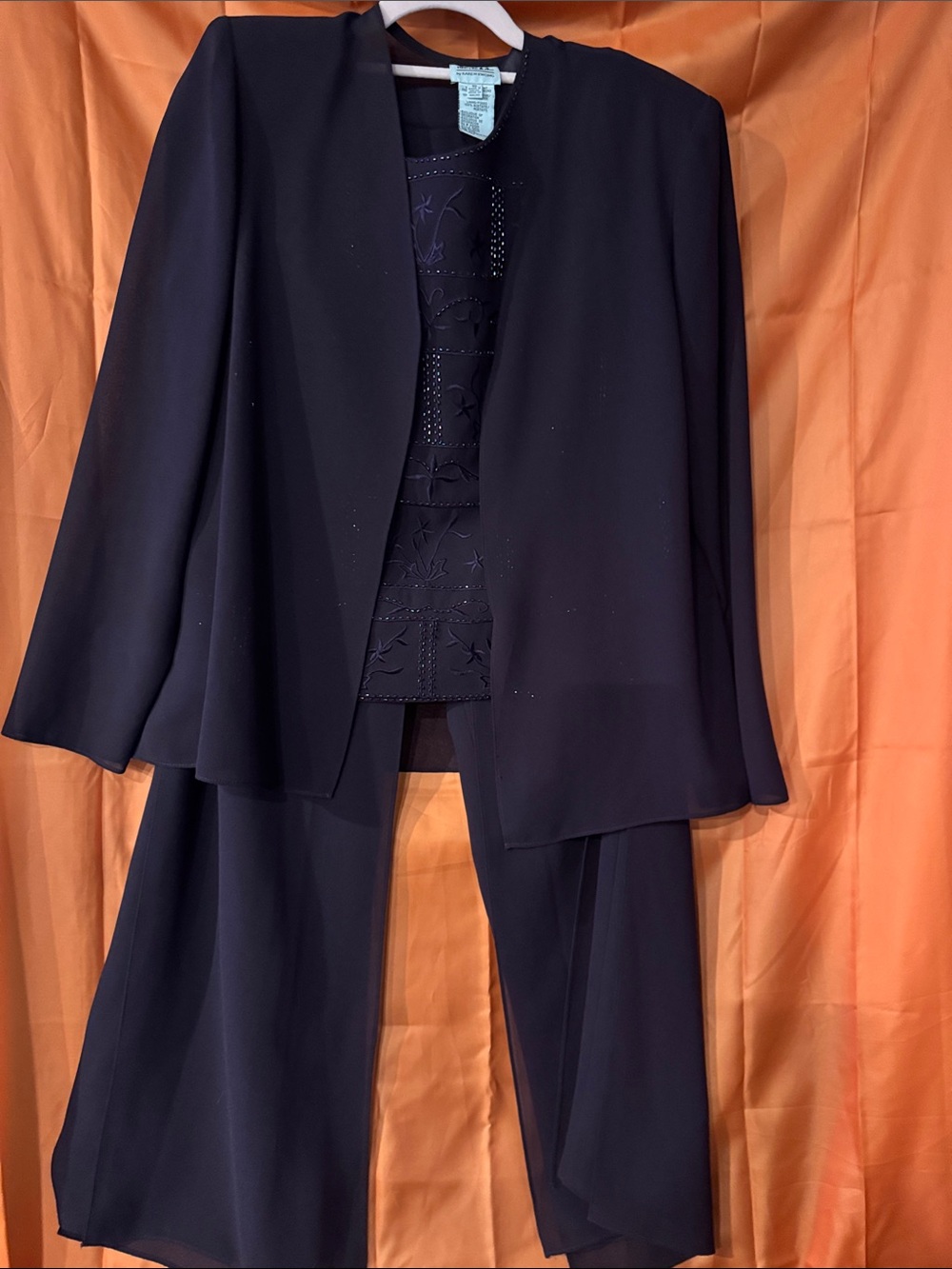 R&M Richards Navy 3-Piece Women's Pantsuit with Embellished Shell